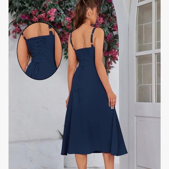 Floral Midi Corset Dress Wedding Guest Flowy Slit Lace Up Dresses for Women Tea - Picture 3 of 6